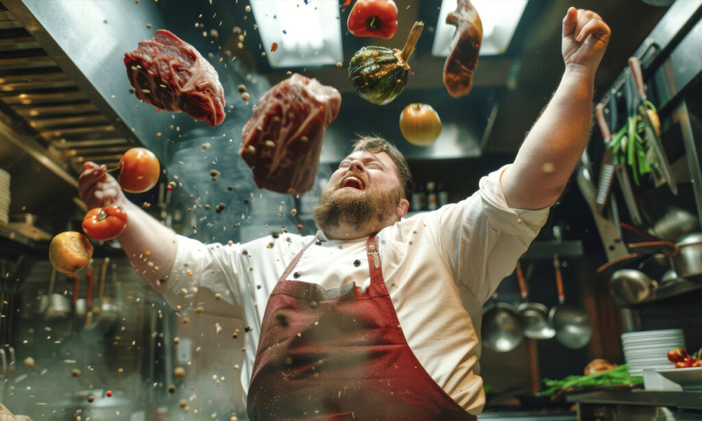 Un chef de cuisine heureux avec les bras en l'air entouré d'une explosion d'aliments