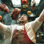 Un chef de cuisine heureux avec les bras en l'air entouré d'une explosion d'aliments
