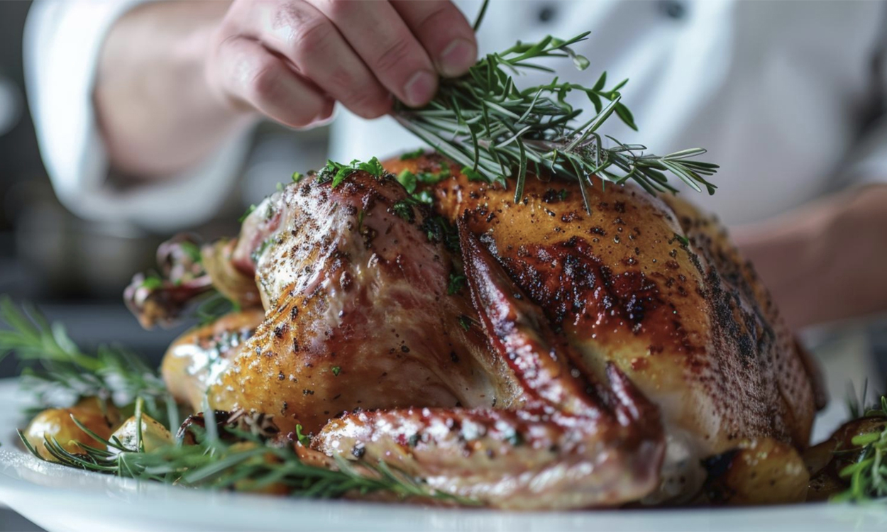 Un chef de cuisine qui pose une branche de romarin sur un poulet rôti