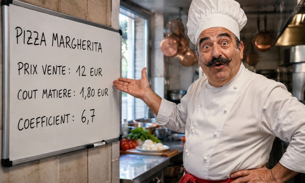 Un cuisinier italien montre sur un tableau le calcul de coefficient multiplicateur des marges en restauration