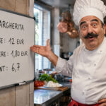 Un cuisinier italien montre sur un tableau le calcul de coefficient multiplicateur des marges en restauration