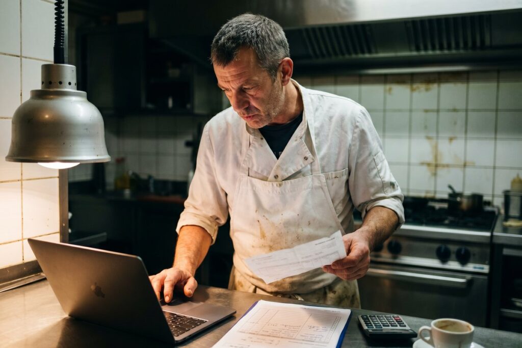 Chef-patron de restaurant français analysant l'écart entre marge théorique et marge réelle après le service, facture fournisseur en main